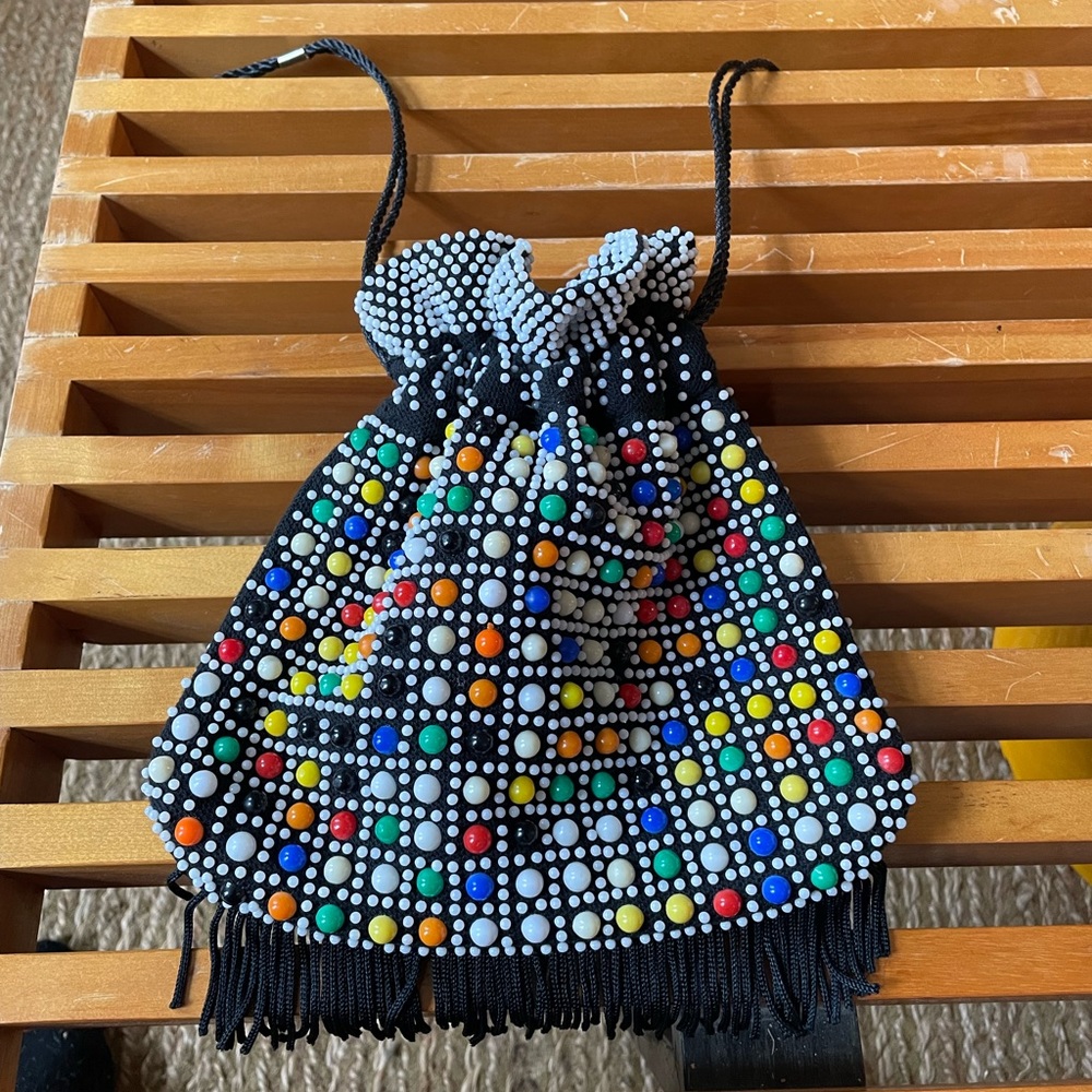 Vintage reversible colorful beaded clutch drawstring purse handbag